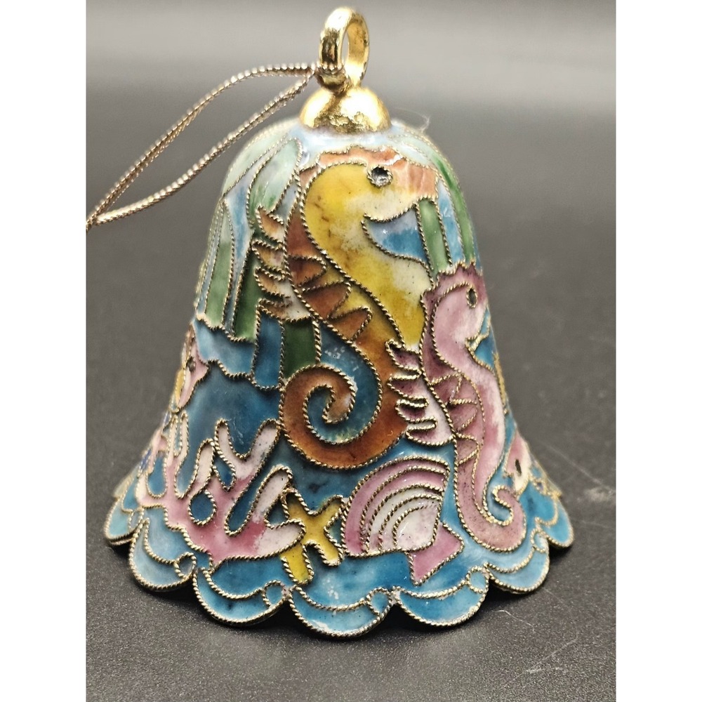 Vintage Enamel Cloisonné Bell Ornament Seahorses Rare~